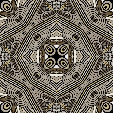 Tribal ethnic style doodle hand drawn colorful seamless fabric pattern. Vector ornamental doodle lines, curves and shapes background in beige brown colors. Kaleidoscope ornaments. Endless texture. clipart