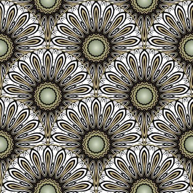 Floral tiled round mandalas seamless fabric pattern with abstract chaomiles. Vector ornamental doodle lines, curves,  flowers,circles and shapes ethnic background.  Repeat ornaments. Endless texture. clipart