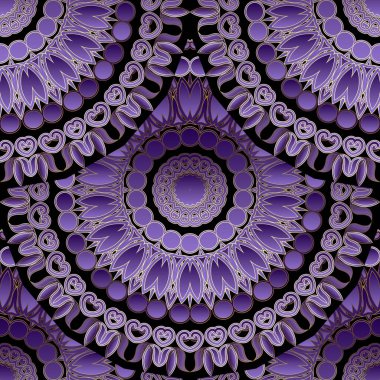 Çiçekli, yuvarlak, üç boyutlu, kusursuz kumaş desenli, soyut altın çizgili sanat çiçekleri. Vektör süslemeli mor parlak arka plan. Mor renkli parıltı süslemelerini tekrarla. Sonsuz süsleme dokusu.