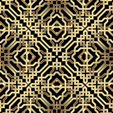 3d Luxury gold grid celtic arabesque style ornate seamless pattern. Vector ornamental gold and black background. Repeat backdrop. Modern braided intricate ornaments. Endless patterned 3d texture.