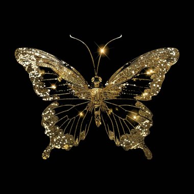 3D altın parıltılı güzel lüks parıldayan kelebek. Kalıplı altın parıltılı modern parlak böcek deseni. Yüzey ışıltısı dokusu. Moda dekoratif arka plan. İzole edilmiş altın kelebek tasarımı