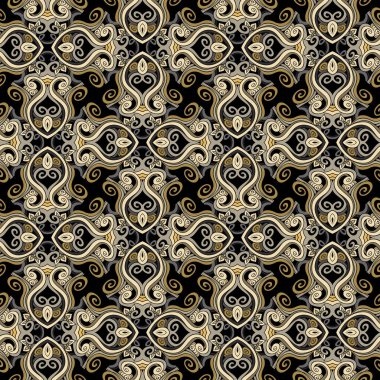 Ethnic arabesque style floral hand drawn colorful seamless fabric pattern with  swirls, doodles, abstract flowers. Ornate vector background in golden colors. Repeat modern ornaments. Endless texture. clipart