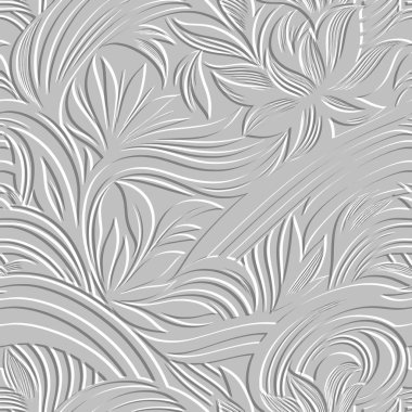 3 boyutlu çiçek desenli kabartma hatları çiçekler modern desenli. Güzel kabartmalı çiçekler, yapraklar, çizgili vektör beyaz arka plan. Karalama elle çizilmiş çiçekler, yapraklar. Yardım çiçekleri süslemeleri