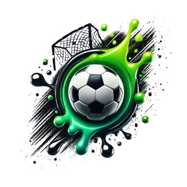 3D Graffiti tarzı, dinamik spor modeli, futbol topu, yeşil ve siyah boya sıçramaları. Futbolun arka planında sıvı sıçramaları, damlalar, damlalar, noktalar var. Spor tasarımı.