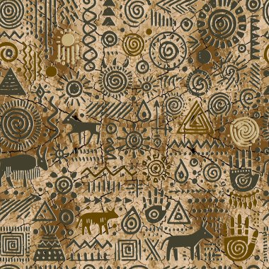 Antik Mısır hiyeroglifleri kusursuz desenler. Afrika kabilesi grunge, sarmal, soyut şekiller, semboller, işaretler, hayvanlar ve zikzak çizgileriyle taşlı vektör arkaplanını çatlattı. Sonsuz doku.