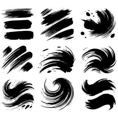 Siyah grunge el çizimi karalama fırça darbeleri, kıvrımlar, dalgalar, sıçramalar beyaz arka planda koleksiyon oluşturur. Vektör izole fırça darbeleri. Elementler. Siyah beyaz modern tasarım. Şablon.