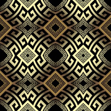 Altın lüks antik Yunan tarzı, labirentleri, Yunan anahtarı, daha dolambaçlı, eşkenar dörtgen, daireleri olan 3 boyutlu, pürüzsüz bir desen. Süslü, gösterişli, siyah ve altın kaplamalı modern arka plan. Kenarsız doku.