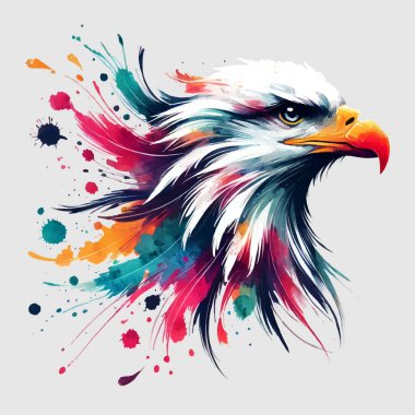 Vibrant watercolor painting of an eagles head with colorful splashes and brushstrokes on white background. Modern bright isolated vector eagle pattern. Dirty trendy decorative beautiful design. clipart