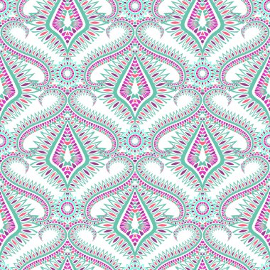 Beyaz arka planda pembe, yeşil ve mor renkli, karmaşık çiçekli ve geometrik şekillerle renklendirilmiş renksiz, renksiz, renksiz desenler tekrarlanıyor. Güzel, modern, sonsuz süs dokusu.