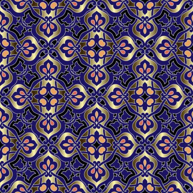 Altın lüks çiçekli arabesk Damask klasik, dikişsiz desen. Modern süslemeli, tekrarlayan vektör arkaplanı. Güzel etnik Arap tarzı parlak altın süsler. Sonsuz desenli doku.