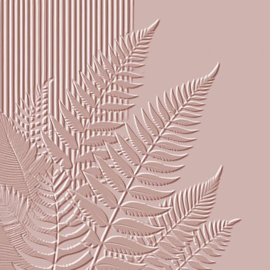 Embossed fern leaves 3d striped tropical pattern. Beautiful floral relief background. Textured pink vector backdrop. Surface emboss leaves. 3d modern ornaments with embossing effect. Leafy texture. clipart