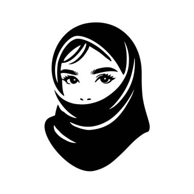 Başörtüsü takan genç Müslüman bir kızın basit siyah beyaz siluetini taşıyın. Beyaz üzerine izole tasarım.