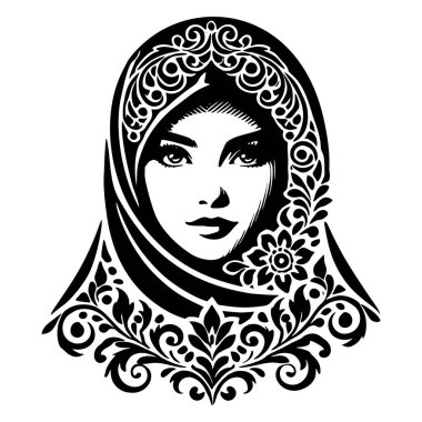 Siyah-beyaz çizgili, siyah-beyaz çizgili bir kadın yüzü. Müslüman kadınlar siluete bakar. Hicab 'lı. Beyaz arkaplanda izole vektör tasarımı.