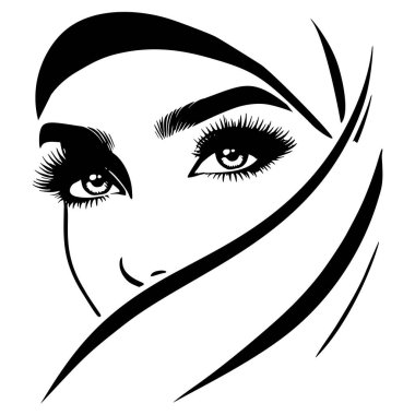 Müslüman bir kadının tesettürlü, güzel gözlü, uzun kirpikli ve kaş kemerli siyah beyaz çizimi. Beyaz arka planda izole edilmiş Müslüman kadın yüzü var. Minimalist modern siluet.