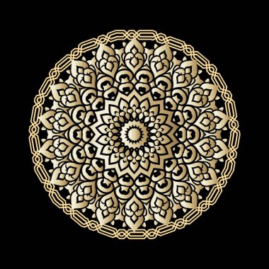 Altın çiçekli yuvarlak, güzel mandala desenli, sınır çerçeveli. Siyah arka planda vektör altın süslemeli mandala çiçekleri. Dekoratif dekoratif tasarım.