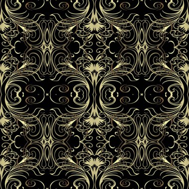 3D Klasik Barok çiçek serisi. Sanat karmaşık ve pürüzsüz bir desen. Altın sarısı çizgileri, çiçekleri, yaprakları, girdapları olan vektör süslemeli siyah arka plan. Güzel bir süs. Lüks sonsuz doku..