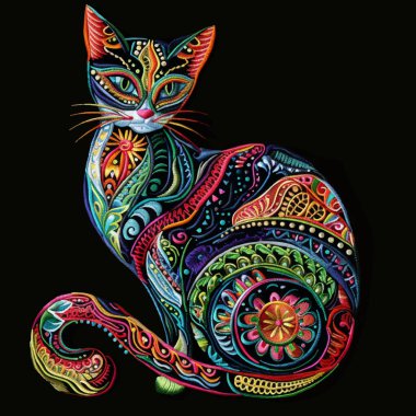 Nakış tarzı süsleme, yeşil gözlü güzel bir el çizimi kedi ve folklorik etnik süsler. Siyah arka planda dekoratif modern sevimli kedi yavrusu. Vektör desenli kedi resmi çizimi.