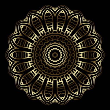 Altın çiçekli Mandala. Lüks süs mandala deseni. Siyah ve altın vektör arka planı. Yüzey çizgileri çiçekli karmaşık Kelt arabesk süslemeleri. Dekoratif doku. İzole tasarım.