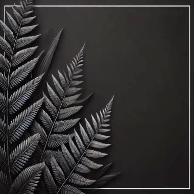 3d koyu siyah tropikal modern model arkaplan çizimi 3d eğrelti otu yaprakları, dallar, kare çerçeve, sınır ve metin için yer. Kartlar için dekoratif lüks tasarım. Grunge dokusu.