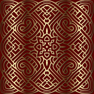 Kırmızı arkaplanda birbirine dolanmış üç boyutlu altın rengi, karmaşık çizgiler. Güzel modern çizgi sanat danteli süslemeleri. Sonsuz süsleme dokusu. Altın eğimli vektör kumaş desenleri.