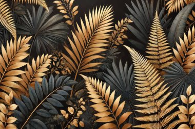 3D altın rengi tropikal modern model arkaplan çizimi, 3 boyutlu palmiye eğreltiotu yaprakları, tropik bitkiler. Kart, duvar kağıdı, kumaş ve dekorasyon için dekoratif lüks tasarım. Grunge dokusu. Vektör.