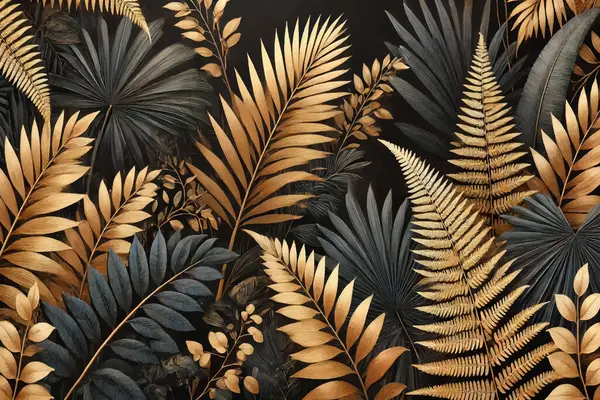 3D altın rengi tropikal modern model arkaplan çizimi, 3 boyutlu palmiye eğreltiotu yaprakları, tropik bitkiler. Kart, duvar kağıdı, kumaş ve dekorasyon için dekoratif lüks tasarım. Grunge dokusu. Vektör.
