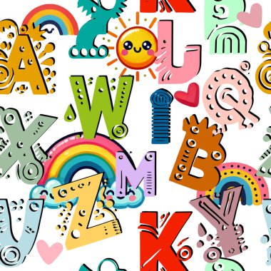 Parlak, çocuksu, kusursuz vektör deseni alfabenin renkli harfleriyle eğlenceli ve oyuncu bir tarzda. Karikatür harfleriyle beyaz arka planı tekrar eden komik. Baş harfler, gökkuşağı, güneş, aşk kalpleri..