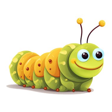 3D sevimli çizgi film gülümseyen parlak yeşil tırtıl benekli ve büyük dost gözleri olan. Mutlu eğlenceli, güzel, beyaz arka planda çizgi film böceği. Vektör desenli tasarım. Kelebek.