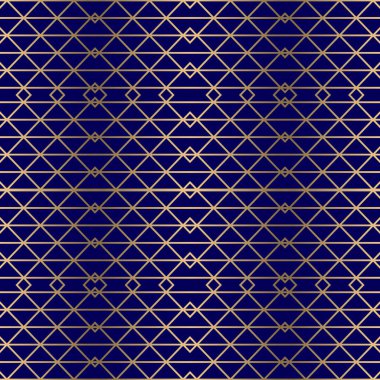 Grid waffle geometrik altın çizgileri mavi arka planda pürüzsüz desen. Simetrik eşkenar dörtgen çizgileri. Kumaş, parmak izi, ambalaj ve kapak için mükemmel dekoratif tasarım. Sonsuz süsleme dokusu.