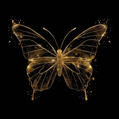 3D altın parıltılı güzel lüks parıldayan kelebek. Kalıplı altın parıltılı modern parlak böcek deseni. Yüzey ışıltısı dokusu. Moda dekoratif arka plan. İzole edilmiş altın kelebek tasarımı