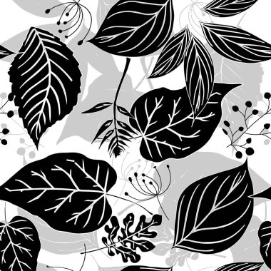 Siyah ve beyaz el yapraklı çizgili çizgiler, yapraklı, kusursuz desenler. Vektör botanik süsleme geçmişi. Kumaş desenini tekrarla. Tek renkli yapraklı, güzel süsler. Sonsuz doku.