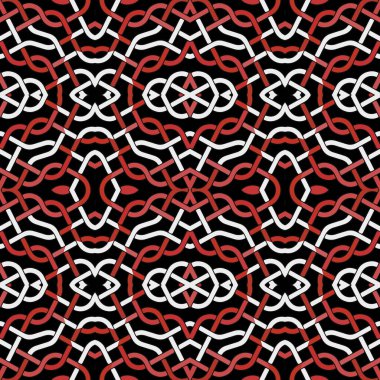 Kelt karmaşık hatları kusursuz desen. Renkli süslemeli Kelt düğüm vektör arkaplanı. Kırmızı beyaz renkli geleneksel süslemeleri kabile etnik Kelt stilinde tekrarla. Sonsuz doku.