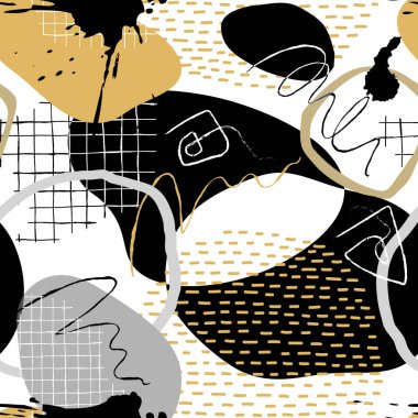 Siyah beyaz, modern, fütüristik, soyut, geometrik şekilli, kıvrımlı, çizgili, kareli, sıçramalı, karalamalı, soyut desenli. Moda vektör arkaplanı. Sonsuz grunge dokusu.