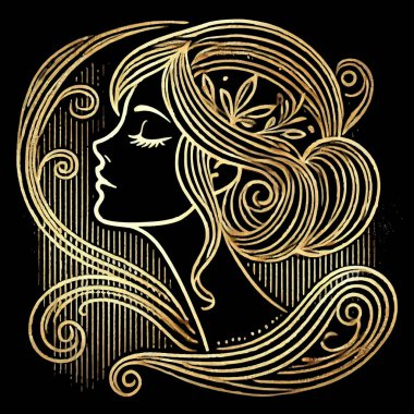 3D Altın Sanatsal Çizgi Parıltılı Sanat profili. Siyah arka planda güzel bir kadın. Uzun altın sarısı saçları, yaprakları, çiçekleri, girdapları, desenleri, çizgileri olan hatları olan kadın yüzü. Lüks desenli tasarım