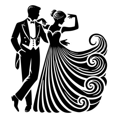 Dans eden bir çiftin siyah beyaz silueti. Güzel bir aşk çifti. Zarif erkek ve kadın. Beyaz arkaplanda izole edilmiş modern vektör tasarımı.