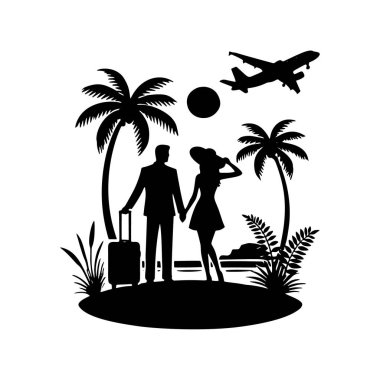 Tropik bir plajda el ele tutuşan gezgin romantik bir çiftin siyah beyaz silueti. Beyaz arkaplanda izole vektör çifti silueti. Seyahat eden aile çizimi.