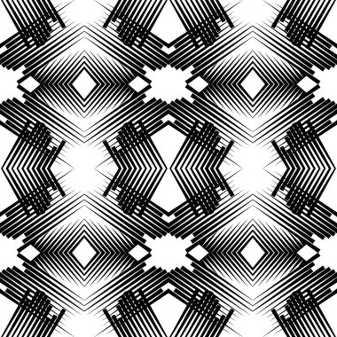 Tekrarlanan çizgiler, çizgiler, eşkenar dörtgenler ve optik illüzyon etkisiyle kusursuz siyah beyaz geometrik desen. Soyut süslemeli tek renkli arka plan. Sonsuz süsleme dokusu.