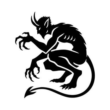 Boynuzlu şeytan şeytan şeytan şeytan canavar silueti. Eğri boynuzları olan siyah, gizemli, oturan şeytani şahsiyet. Efsanevi fantezi var. İzole edilmiş şeytani yaratıcı siyah şeytan tasarımı beyaz arka planda.