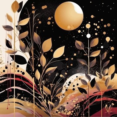 Modern lüks çiçek desenli tropik çiçekler, yapraklar, ay. Soyut çağdaş dekorasyonu olan siyah, rüya gibi bir arka plan. Güzel el çizimi dekoratif vektör tasarımı.