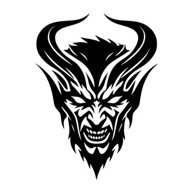 Korna çalan şeytan şeytan şeytan şeytan canavar suratlı siluet. Kavisli boynuzları olan gizemli kara şeytan. Efsanevi fantezi var. İzole edilmiş şeytani yaratıcı siyah şeytan kafası beyaz arka planda.
