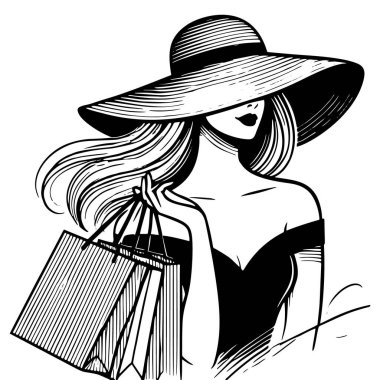 Siyah ve beyaz minimalist stil el geniş kenarlı şapkalı, elinde alışveriş çantaları olan şık bir kadın çizdi. Vektör çizgisi çizimi. Beyaz arka planda soyutlanmış sanatçı kadın silueti.