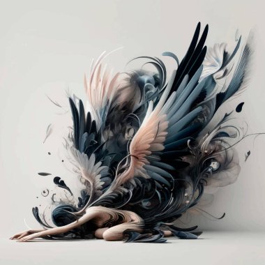 Diz çökmüş, büyük, çarpıcı kanatları kırık bir melek. Soyut düşmüş melek çizimi. Vektör sanatsal güzel grafik sanat fantezi tasarımı.