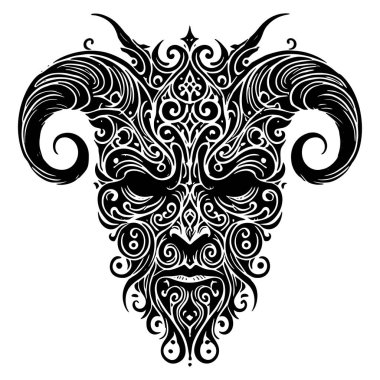 Vektör süslemesi korkunç boynuzlu şeytan şeytan şeytan şeytan canavar yüz silueti. Kavisli boynuzları olan gizemli kara şeytan. Efsanevi varlık. Beyaz arka planda izole edilmiş siyah şeytan kafası..