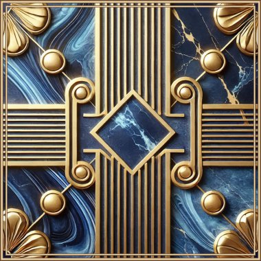 Art Deco 3d Lüks mavi altın rengi mermer akış çizgileri altın çerçeveli, kenarlı, parıltılı, işlemeli, çiçekli çizgili çizgili çizgili desen. Parlayan mermer taş dokusu. Üç boyutlu duvar kağıdı. Döşeme.