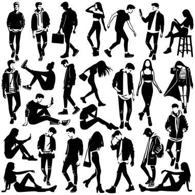 Siyah ve beyaz kadın vektör siluetleri farklı pozlarda, yürüyen, oturan, telefon kullanan, çanta taşıyan, günlük ve şık kıyafetler giyen. İzole koleksiyon.