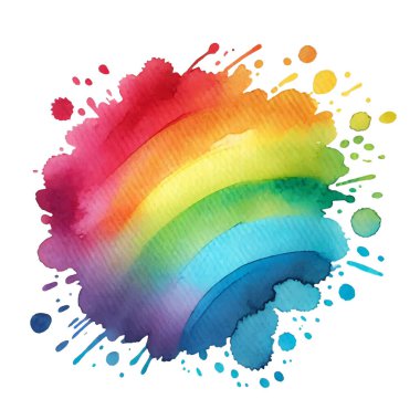 Renkli suluboya gökkuşağı parlak kırmızı, turuncu, sarı, yeşil, mavi ve mor renklerde sıçrar. Damlalar, damlalar, sıçramalar, fırça darbeleriyle suluboya akvaryum lekesi. Beyaz üzerine izole tasarım.