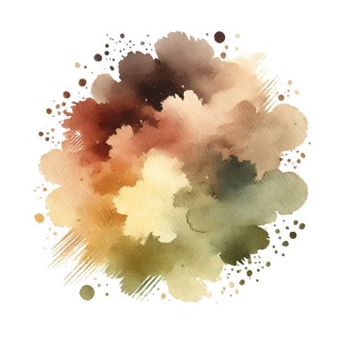 Kahverengi, bej ve yeşil renklerde suluboya ve ıslak efekt. Damlalar, damlalar, sıçramalar, fırça darbeleriyle suluboya akvaryum lekesi. Beyaz üzerine izole edilmiş güzel tasarım.