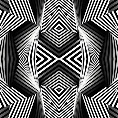 Çizgili, çizgili, çizgili, geometrik şekilli ve optik yanılsamalı 3d siyah beyaz çizgili ve soyut desen. Vektör modern fütüristik arka plan. Simetrik çizgili süsler. Sonsuz doku.
