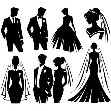 Gelinlerin ve damatların siyah siluetlerinin vektör seti. Beyaz arka planda izole siluetler. Gelinler ve damatlar farklı düğün stillerinde. Koleksiyon.