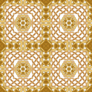 3D altın örgülü örgülü ızgara Kelt arabesk stili, beyaz arka planda kusursuz desen. Düğümlenmiş süsler tekrarlanıyor. Duvar kağıdı, kumaş ve baskı için güzel bir tasarım. Sonsuz doku.